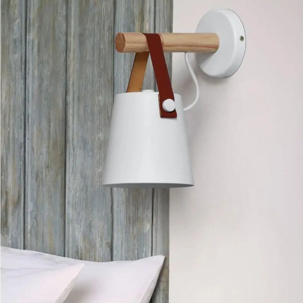 Luz de pared LED nórdica moderna, madera y cuero