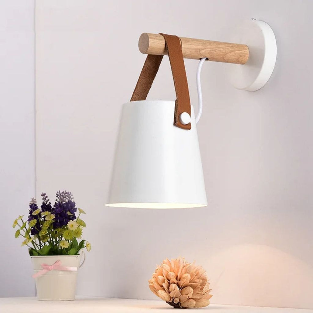 Luz de pared LED nórdica moderna, madera y cuero