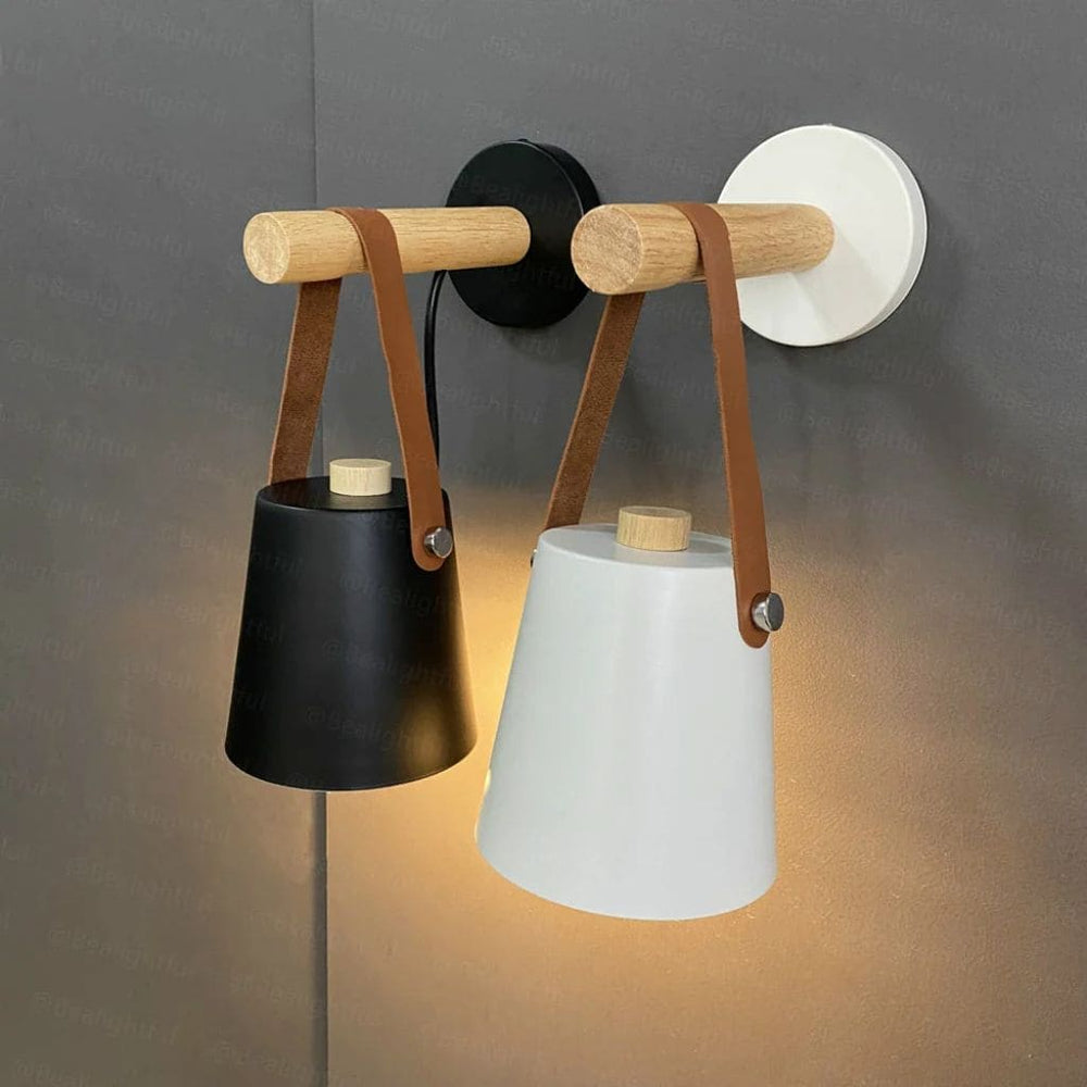 Luz de pared LED nórdica moderna, madera y cuero